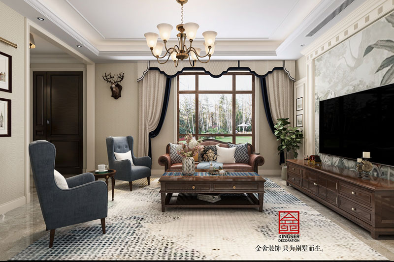 西山林語(yǔ)下疊噴繪260平美式風(fēng)格裝修效果圖